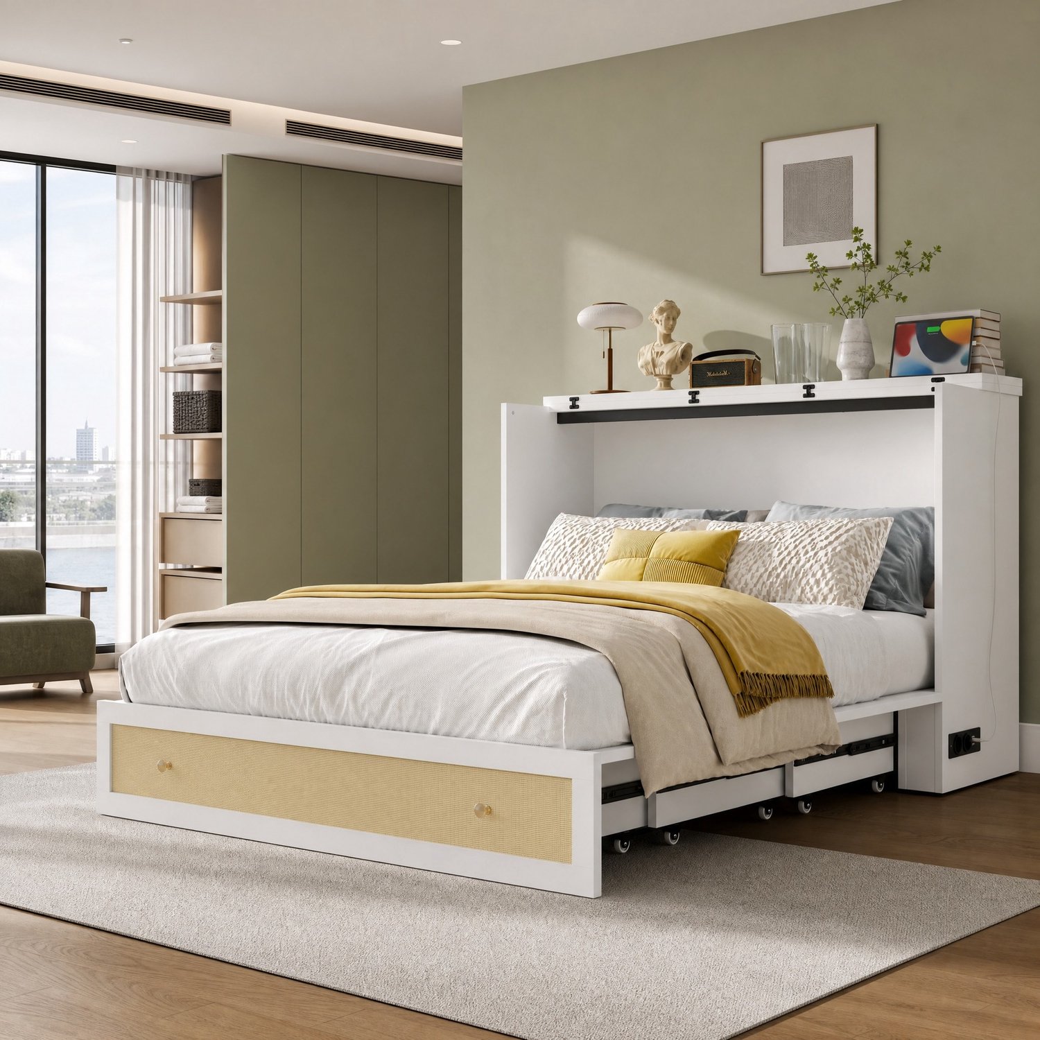 WUVRIE Opklapbed 140x200 cm - Met bedlade, hoofdeindplank, USB en stopcontact - Wit