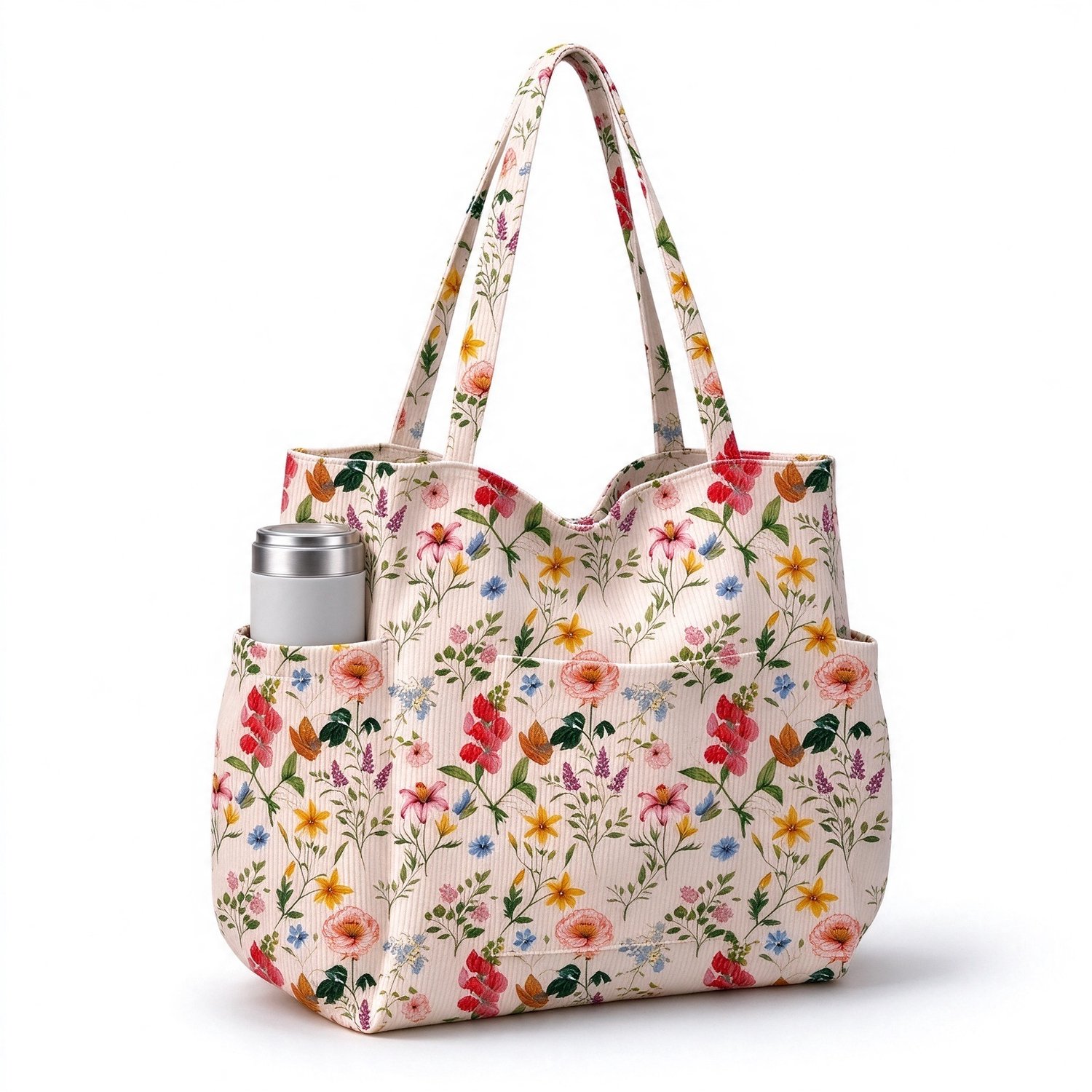 Lifhelpe Reistassen accessoires - XL Strandtas Dames - Afmetingen 38,5 x 36 cm, corduroy met vintage bloemenprint - Met zijvakken en rits, grote opbergcapaciteit - Geschikt voor strand en vakantie