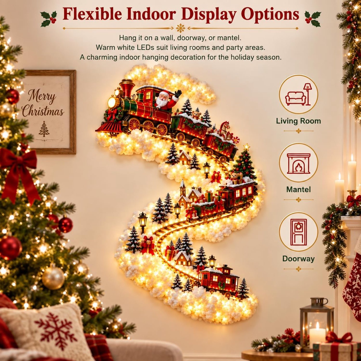 Kerstwandlamp - Warm wit LED - Verticale kerstwandlamp - Hangende decoratie met kerstman en trein - Waterval LED-wandlamp - Decoratieve kerstverlichting - Feestelijke sfeer - Kerstdecoratie - 44*88 cm - Ontwerp met kersttrein - Rood + Groen – foto 8