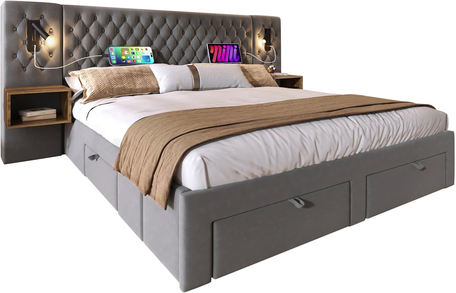 MUVANO Tweepersoonsbed - Bed 160x200 met matras - 4 opberglades - Fluweel en metalen frame - 2 nachtkastjes met leeslampen en USB-C - Slaapkamer grijs