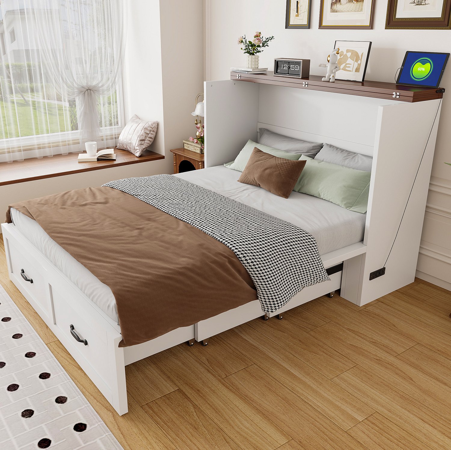Wishdor Opklapbed 140x200 cm - Uitschuifbaar en ruimtebesparend - Geruisarme wielen en Europees stopcontact - Kastmodel voor slaapkamer, logeerkamer en studio - Metaal en hout - Wit
