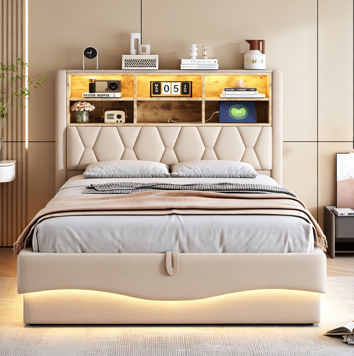 Wishdor Tweepersoonsbed 140x200 cm - Gestoffeerd bed met hydraulische opbergruimte - LED-verlichting en USB-aansluiting - Metalen lattenbodem - Linnen bekleding - Beige