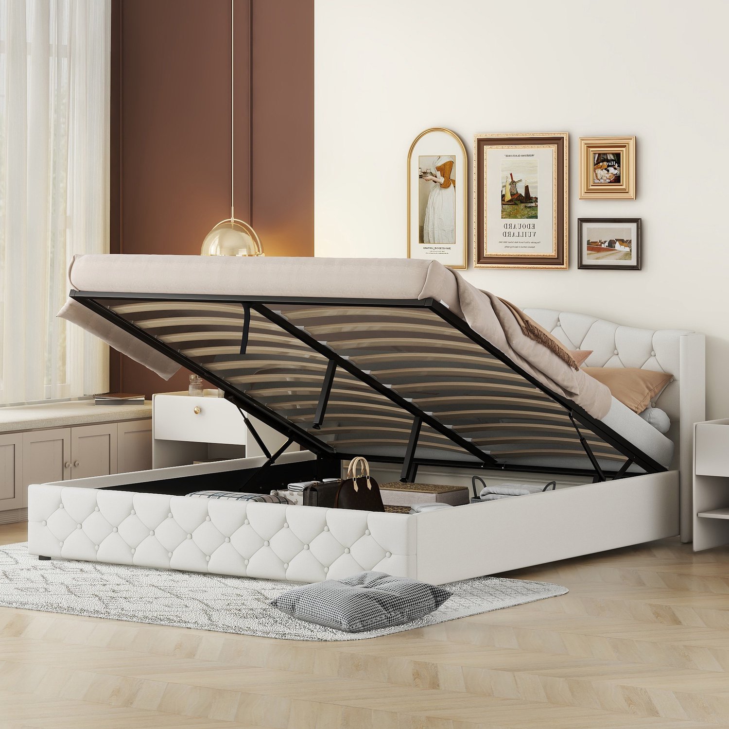 WUVRIE Gestoffeerd tweepersoonsbed 180x200 cm - Hydraulische opbergruimte en lattenbodem - Beige