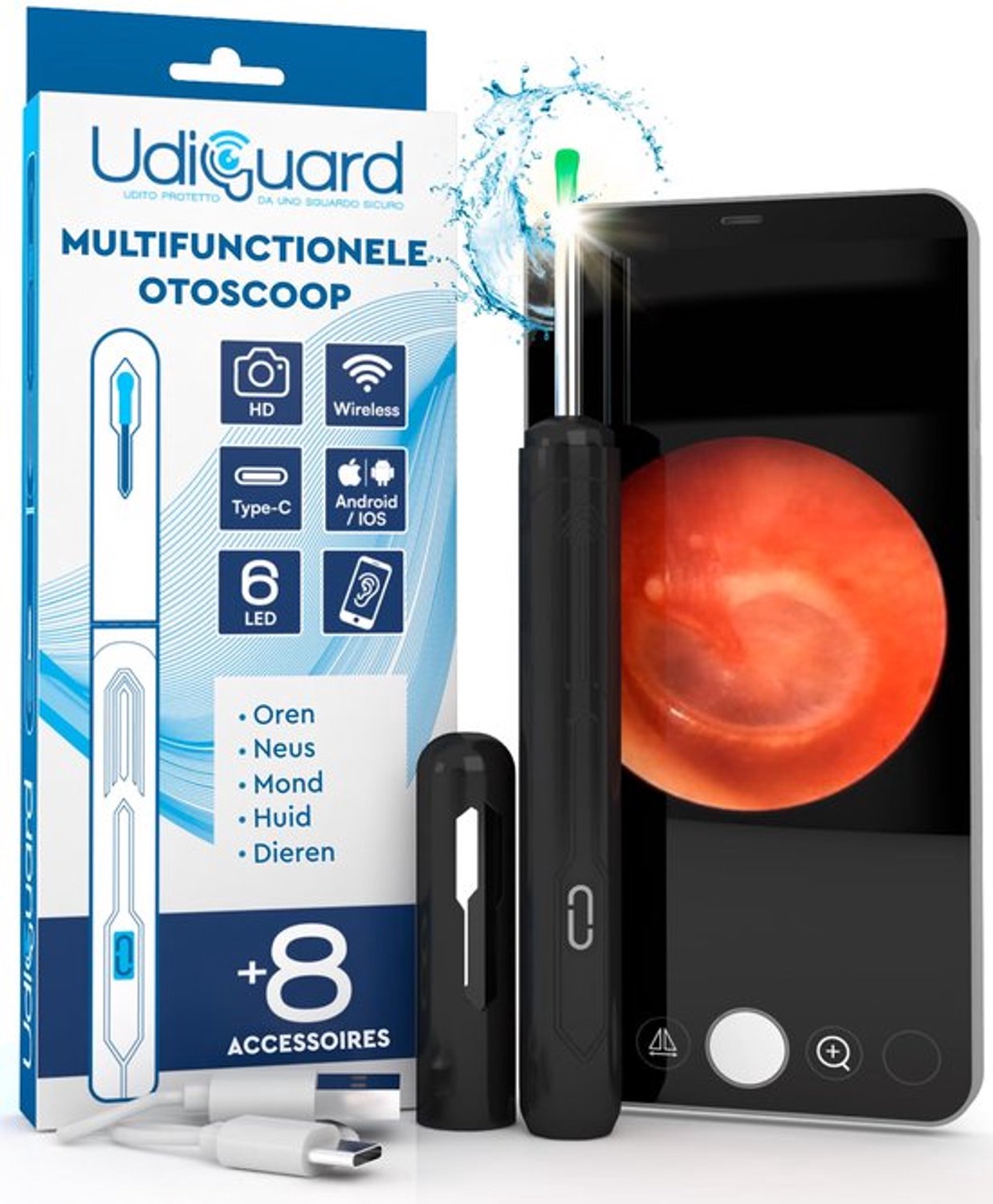 Otoscoop met Camera HD 1920p 3,6mm WiFi Oorsmeer Verwijderen - Oorreiniger Digitale Compatibel met iPhone iPad Android Zwarte Kleur - met 6 LED-lampjes Waterdicht Volwassenen Kinderen Hond