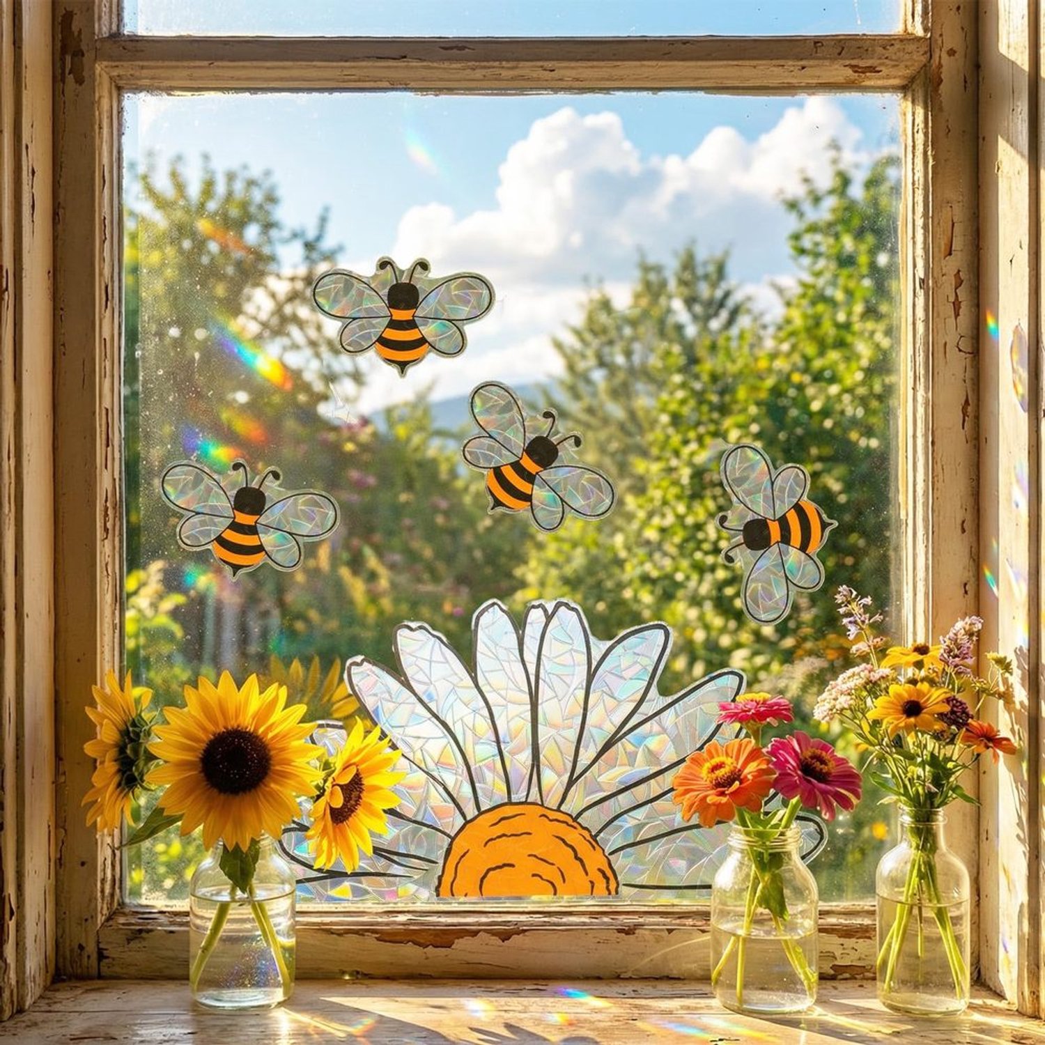 Zonnebloemen en Bijen Vensterafbeeldingen - 5 Stuks Dubbelzijdige Glasdecoratie