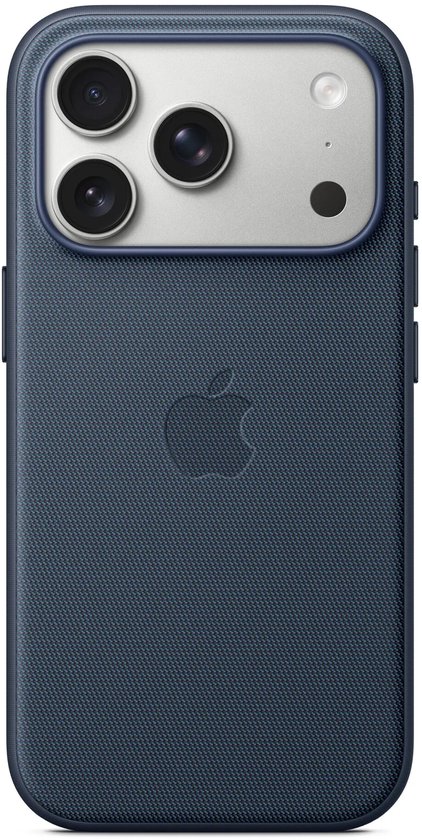 Donkerblauw iPhone hoesje met textuur en zilverkleurig cameramodule-frame met drie lenzen en Apple logo.