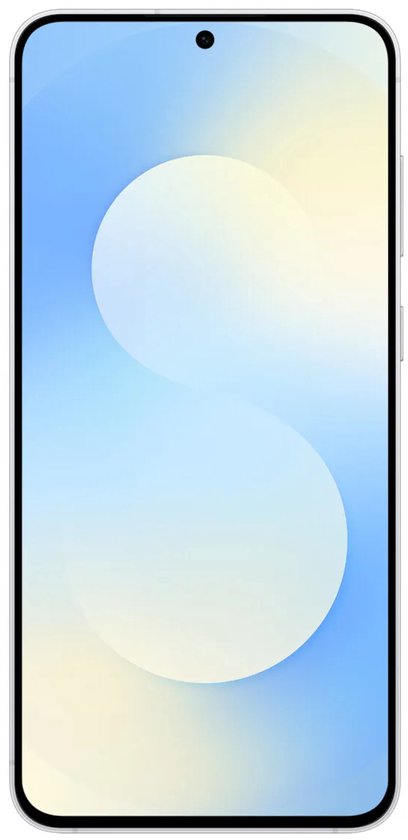 Voorkant van de smartphone met lichtblauw en crème gradiënt scherm en kleine frontcamera.