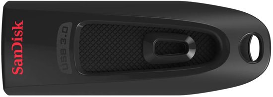 Zwarte SanDisk Ultra USB 3.0-stick zonder uitgeschoven connector.