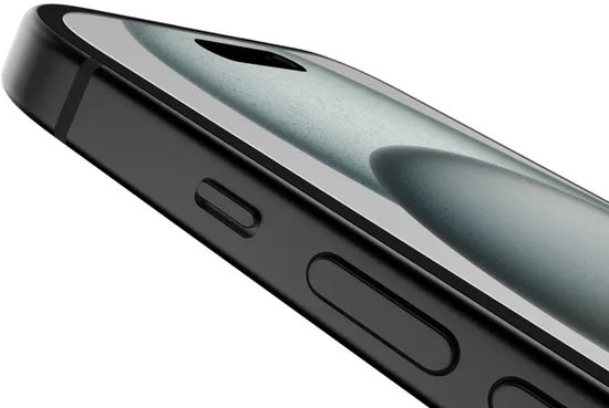 Close-up van de zijrand van een zwarte smartphone met fysieke knoppen.