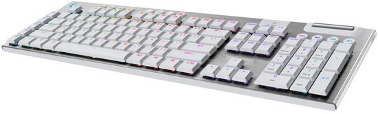 Draadloos wit Logitech G915 X gamingtoetsenbord met RGB-verlichting en geborsteld metalen behuizing.