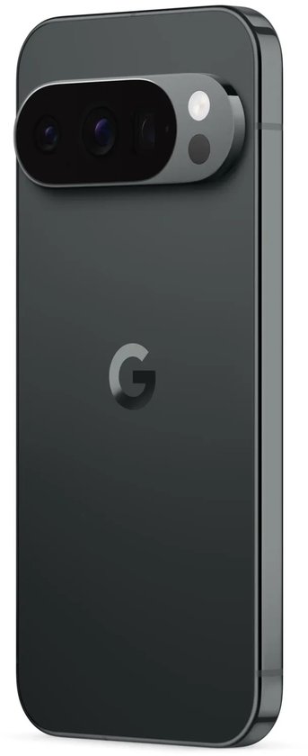 Achterzijde van een zwarte Google Pixel-smartphone met een opvallende horizontale cameramodule bovenaan.