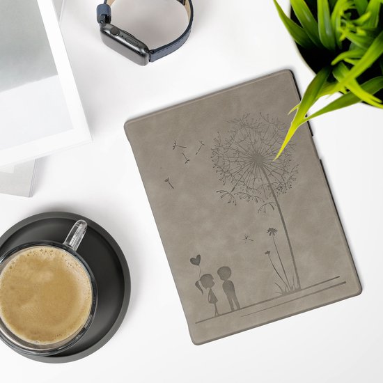 kwmobile e-reader hoesje geschikt voor Pocketbook InkPad One hoes - Ereader flip case met standaard - Kunstleren e reader cover - Paardenbloemen Liefde design in grijs — afbeelding 2