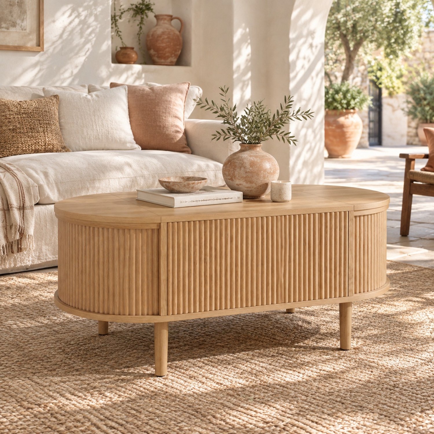 CHICFURN Salontafel 100 cm - hoogte verstelbaar - opklapbaar blad met opbergruimte - ovale vorm - woonkamer - MDF en hout - eikenkleur