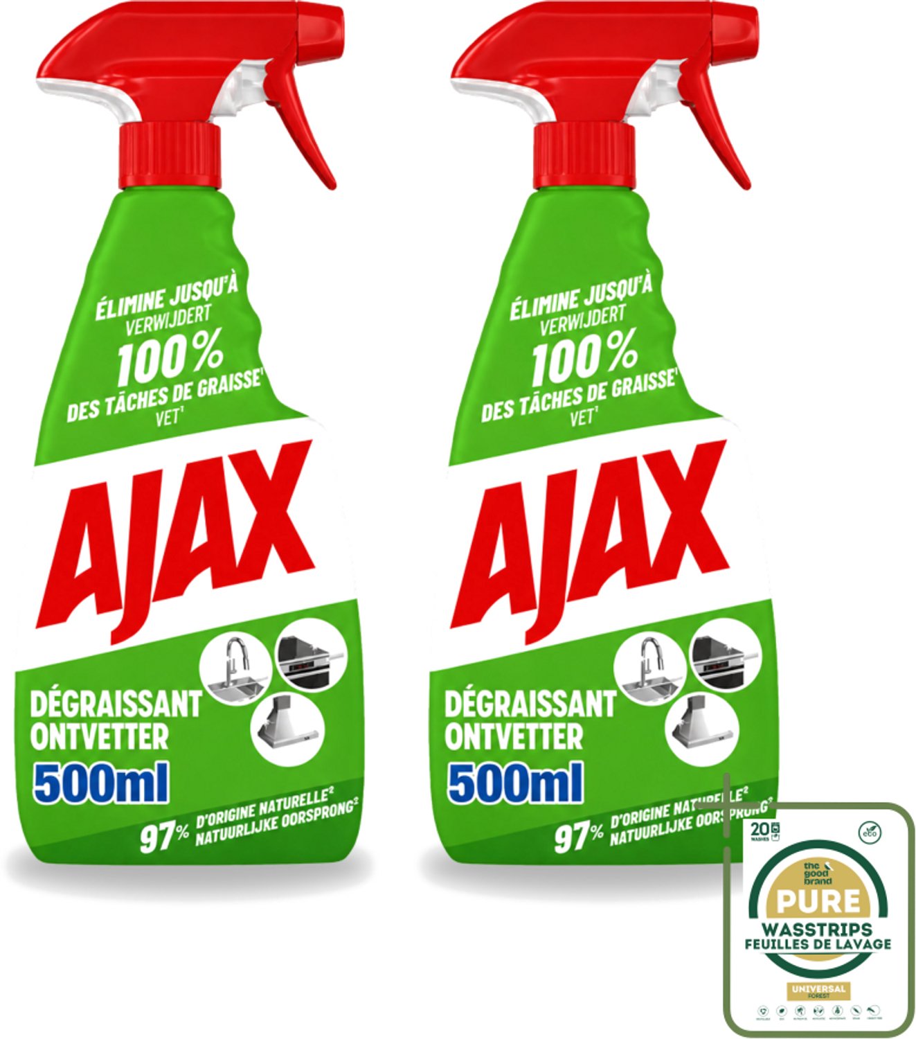 2 x Ajax – Ontvetter Spray – 500 ml - Wasstrips - Ajax Ontvetter - Ontvetter Spray 500 Ml - Vet Verwijderen - Keukenreiniger - Krachtige Ontvetter