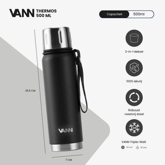 VANN® Kleine Thermoskan 500 ML – 3-Wandige RVS Thermosfles voor Koffie & Thee – 2-in-1 Dop als Beker – 100% Plasticvrij – Zwart – VANN Ritual Thermos® — cadeau in Koken & Dineren - foto 3