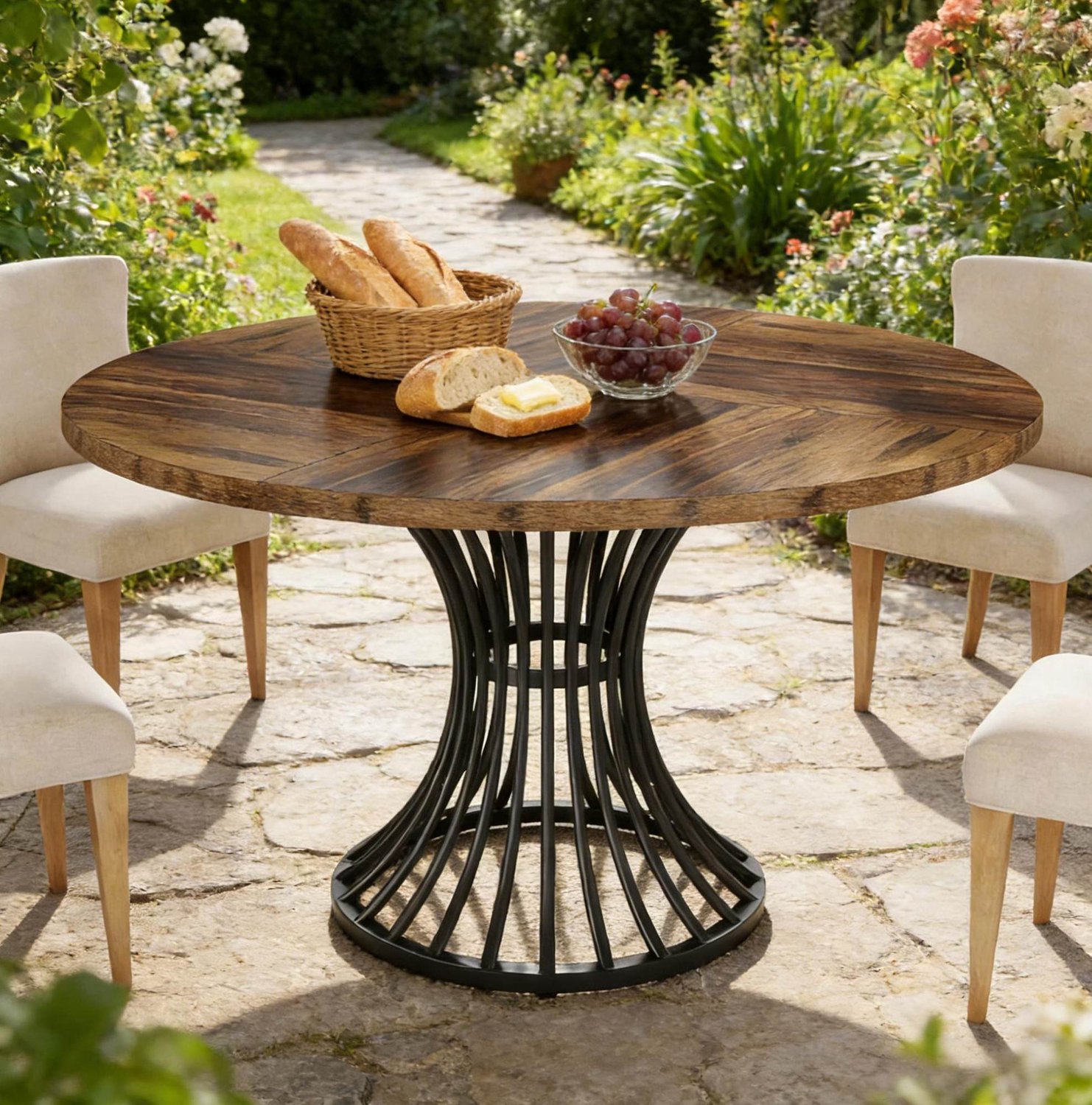 CHICFURN Eettafel 119 cm - 6 personen - rond - metalen onderstel - eetkamer - MDF en metaal - zwart en rustiek bruin