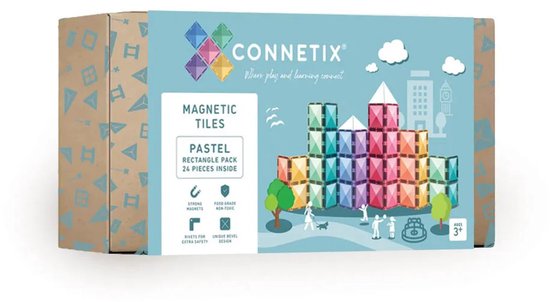Verpakking Connetix Pastel Rectangle Pack met 24 stuks magnetische tegels met illustraties van bouwwerken.