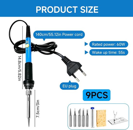 Professionele 60 W Loodsoldeerbout Set met 9 Onderdelen, Verstelbare Temperatuur, Diverse Tips en Desoldeerpomp voor Precisiewerk en Elektronica — afbeelding 5