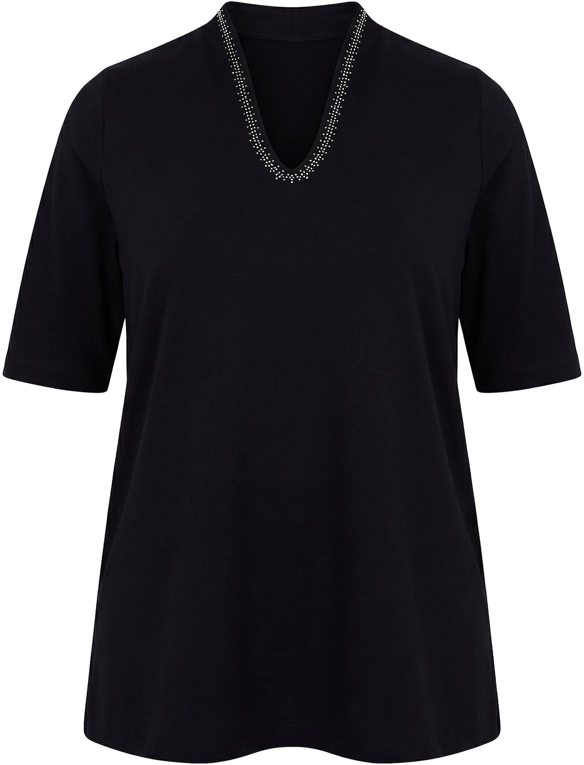 Ulla Popken - Dames - T-shirt gobletkraag V-hals halve mouwen - Zwart - Maat 58+