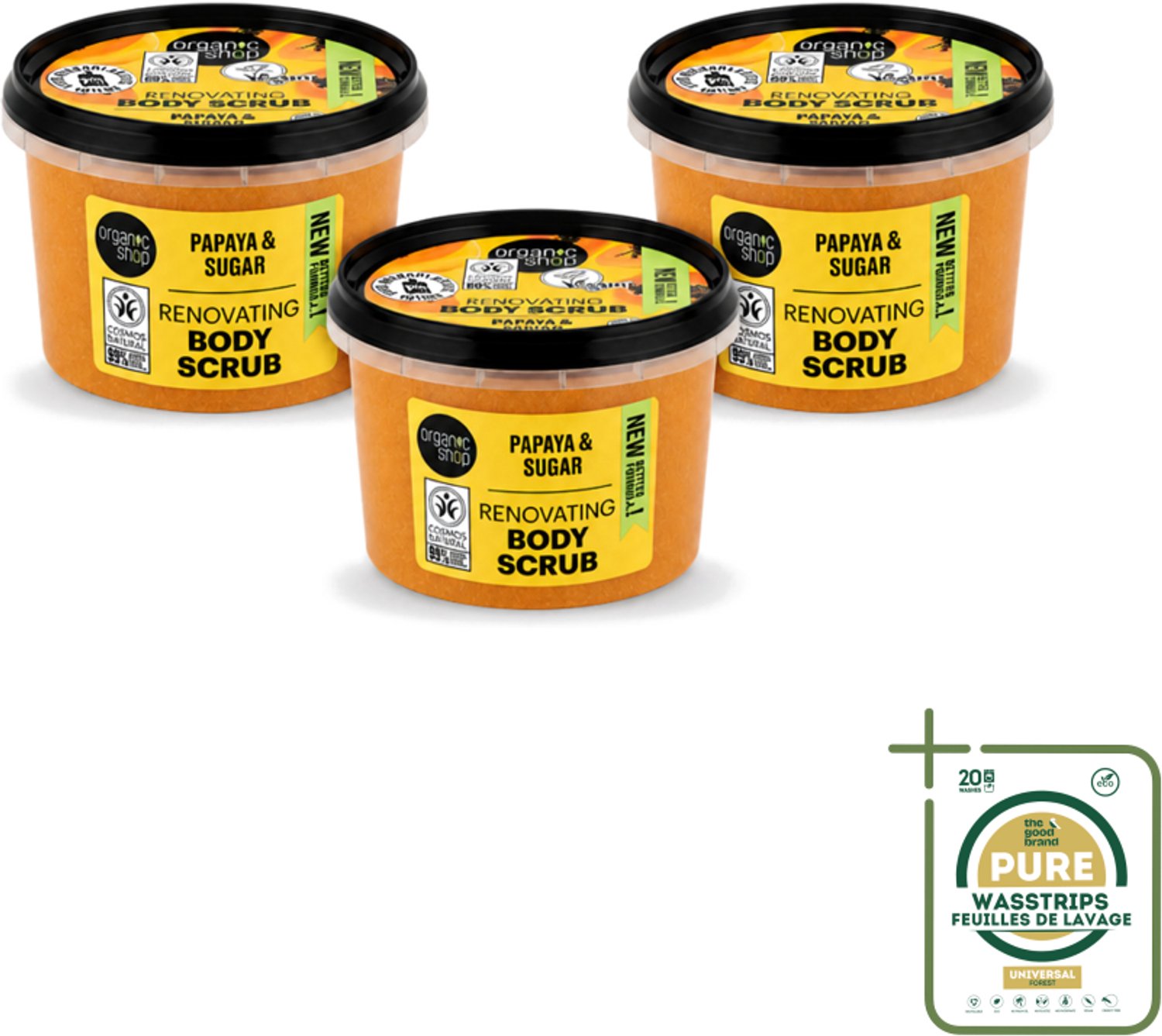 3 x Organic Shop - Body Scrub Papaya - Exfoliërend en Hydraterend - 250 ml - Wasstrips - Bodyscrub Papaya - Exfoliatie Huid - Natuurlijke Huidverzorging - Huidvernieuwing - Hydraterende Scrub