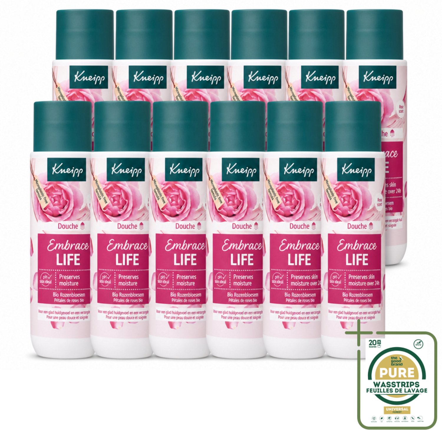 12 x Kneipp - Douchegel - Embrace Life - 200 ml - Wasstrips - Douchegel Vrouwelijk - Roze Geur - Hydraterende Douchegel - Zachte Douchegel - Douchegel Voor Gevoelige Huid