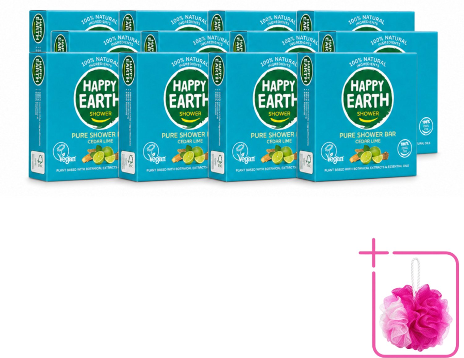 12 x Happy Earth – Shower Bar – 100% Natuurlijk Cedar Lime – 90 g - Bulkverpakking - Douchebar - Douchemop - Natuurlijke douche