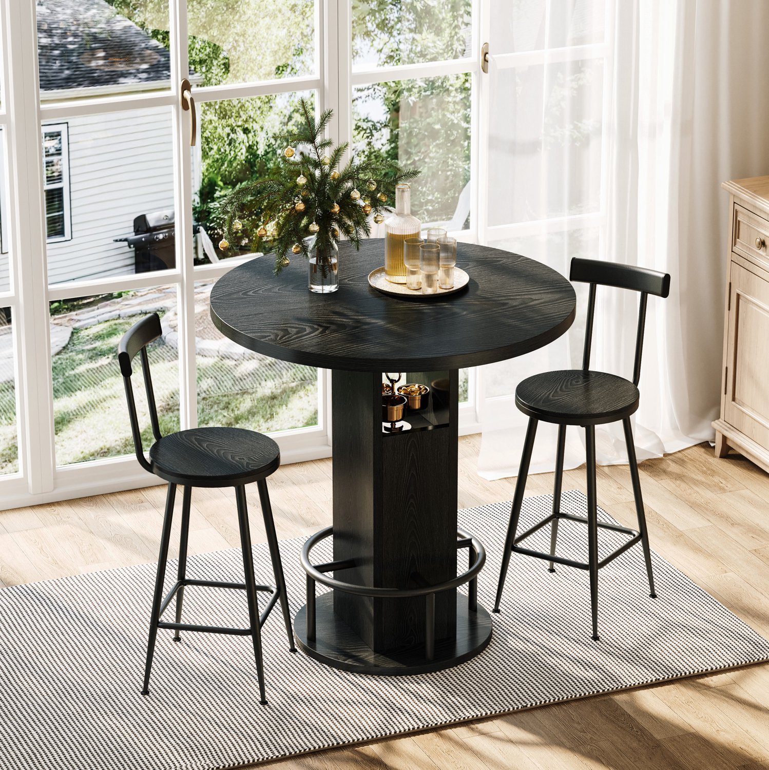 CHICFURN Bartafelset - 2 barkrukken - Opbergruimte - 3-delig - Zwart