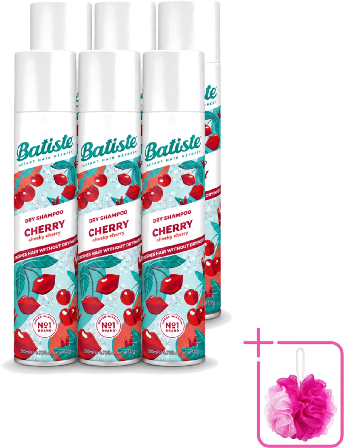 6 x Batiste - Cherry - Droogshampoo - Kersenbloesem Geur - Verfrist en Geeft Volume - 200ml - Bulkverpakking - Droogshampoo - Douchemop - Kersengeur