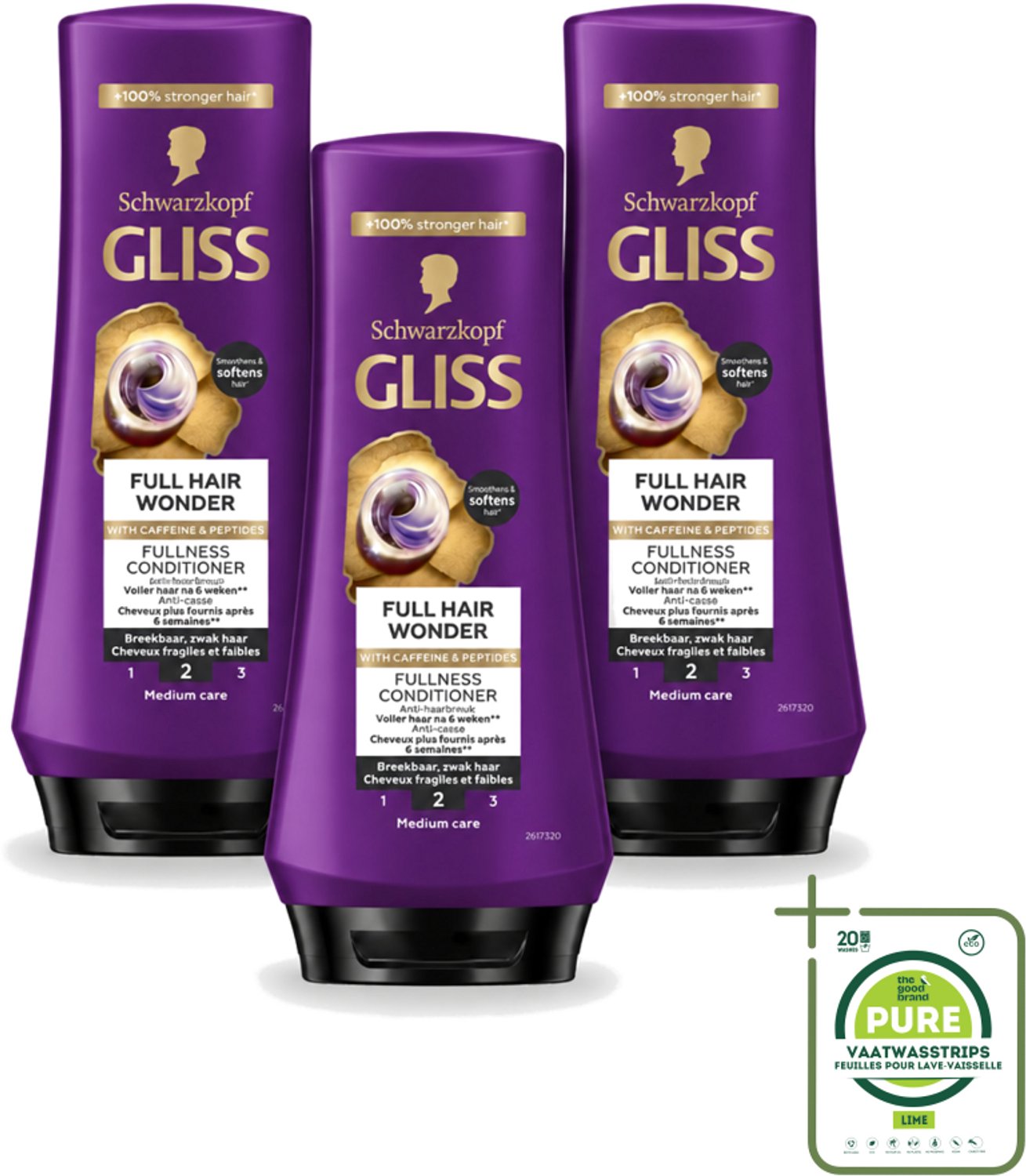 3 x Gliss Conditioner Full Hair Wonder - 200 ml - Grootverpakking - Vaatwasstrips - Haarversterking - Volume - Haarstructuur - Haarbreuk - Biotine