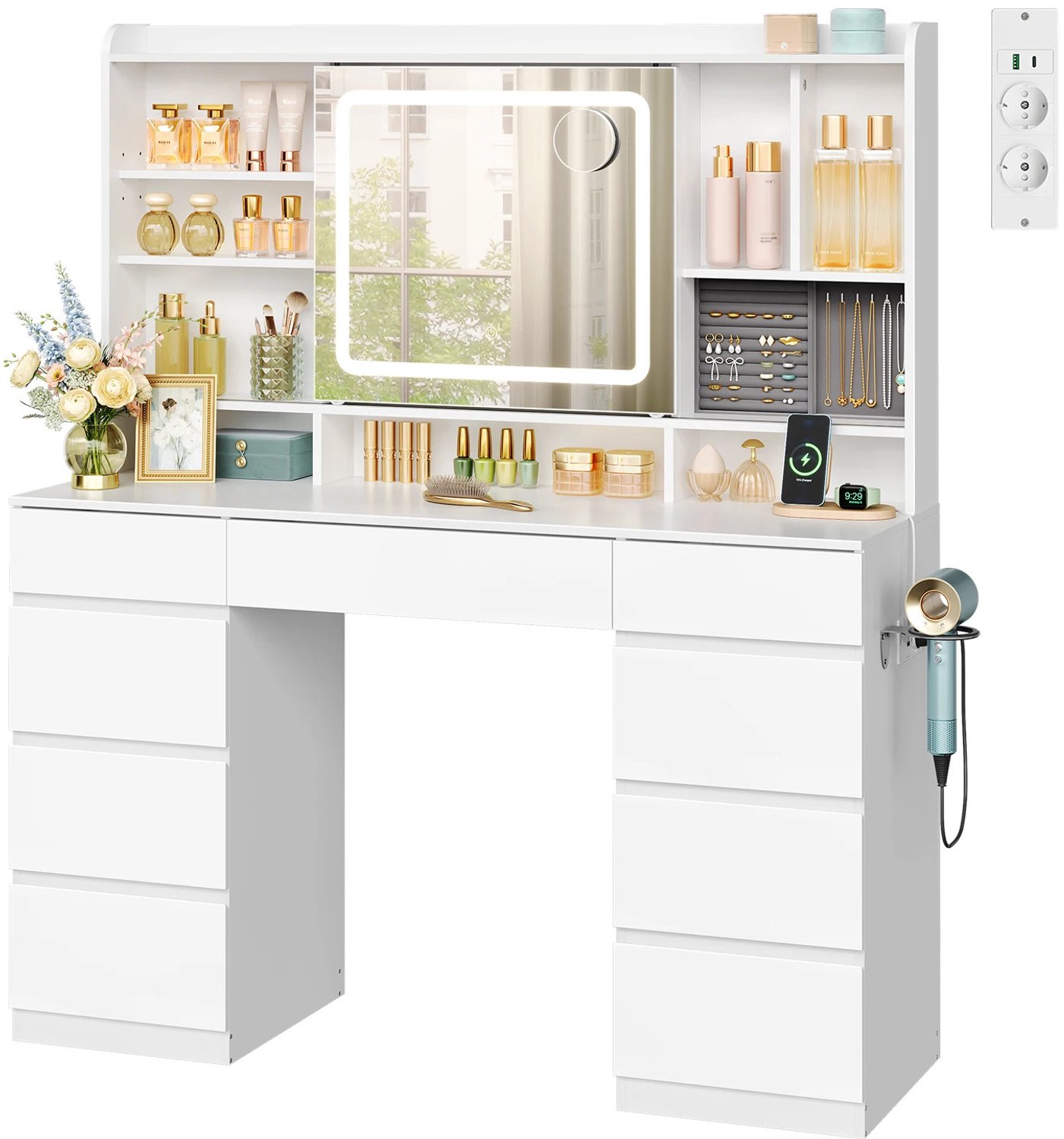 Gudalio Make Up Tafel - Kaptafel - LED spiegel - 3 Lichtkleuren - 9 Lades - Opbergruimte - 107 x 40 x 140 cm - Modern - Wit