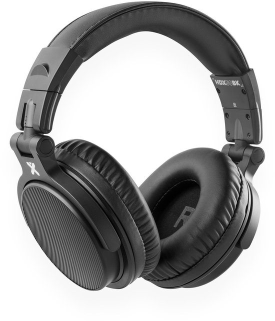 Zwarte Vonyx hoofdtelefoon met 'HDX50BK' op de hoofdband en een 'R' markering in de rechter oorschelp.