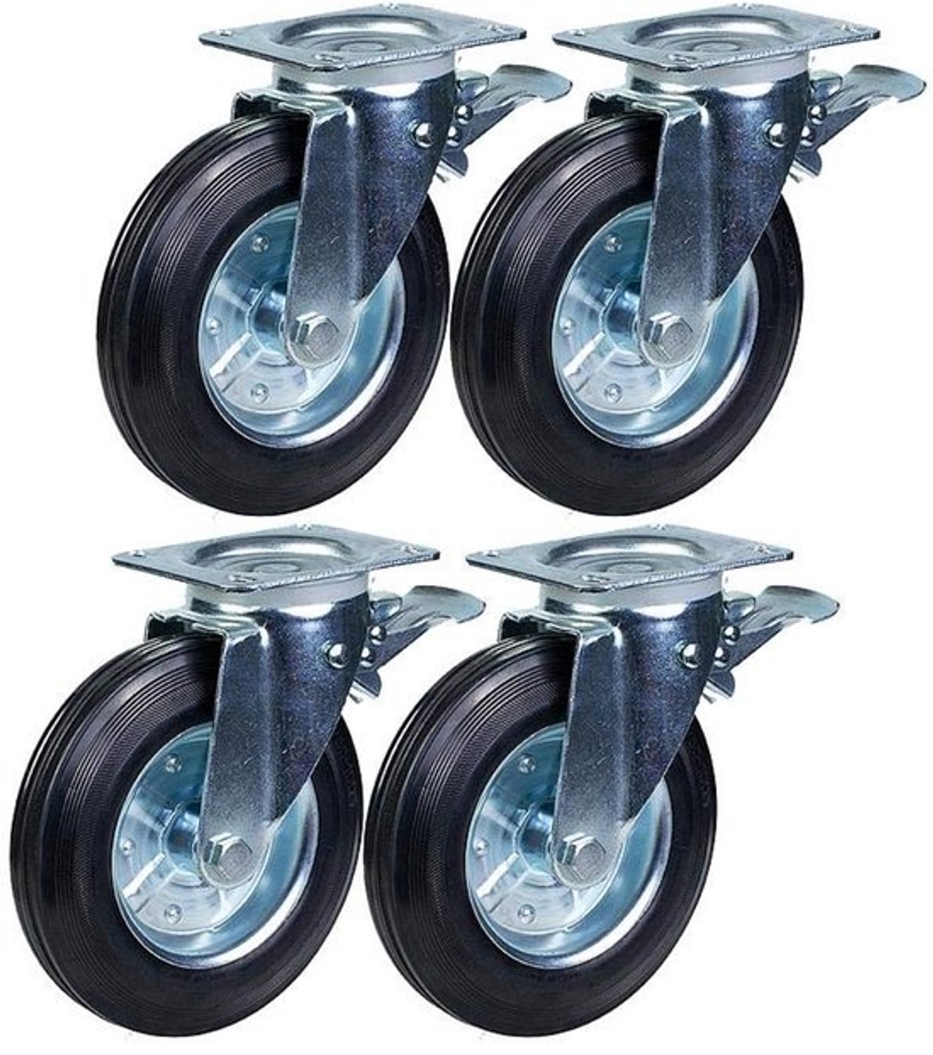 Wielenset voor afvalbak - Rubberen zwenkwielen - Vuilnisbak verplaatsen - Draaibaar met remmen - 200mm wieldiameter - Zwart