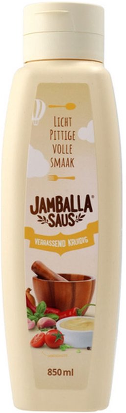 Fles Jamballasaus van 850 ml met crèmekleurige dop, etiket toont een vijzel, pepers, tomaten en de tekst Licht pittige volle smaak.