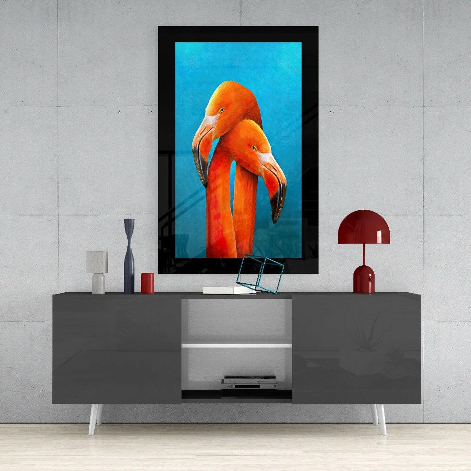Glasschilderij – Verstrengelde Halzen van Twee Flamingo's in Turquoise – Decoratieve Kunst aan de Muur