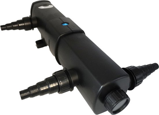 Zwarte UVC-filter met een blauw oplichtend indicatielampje en conische aansluitingen.