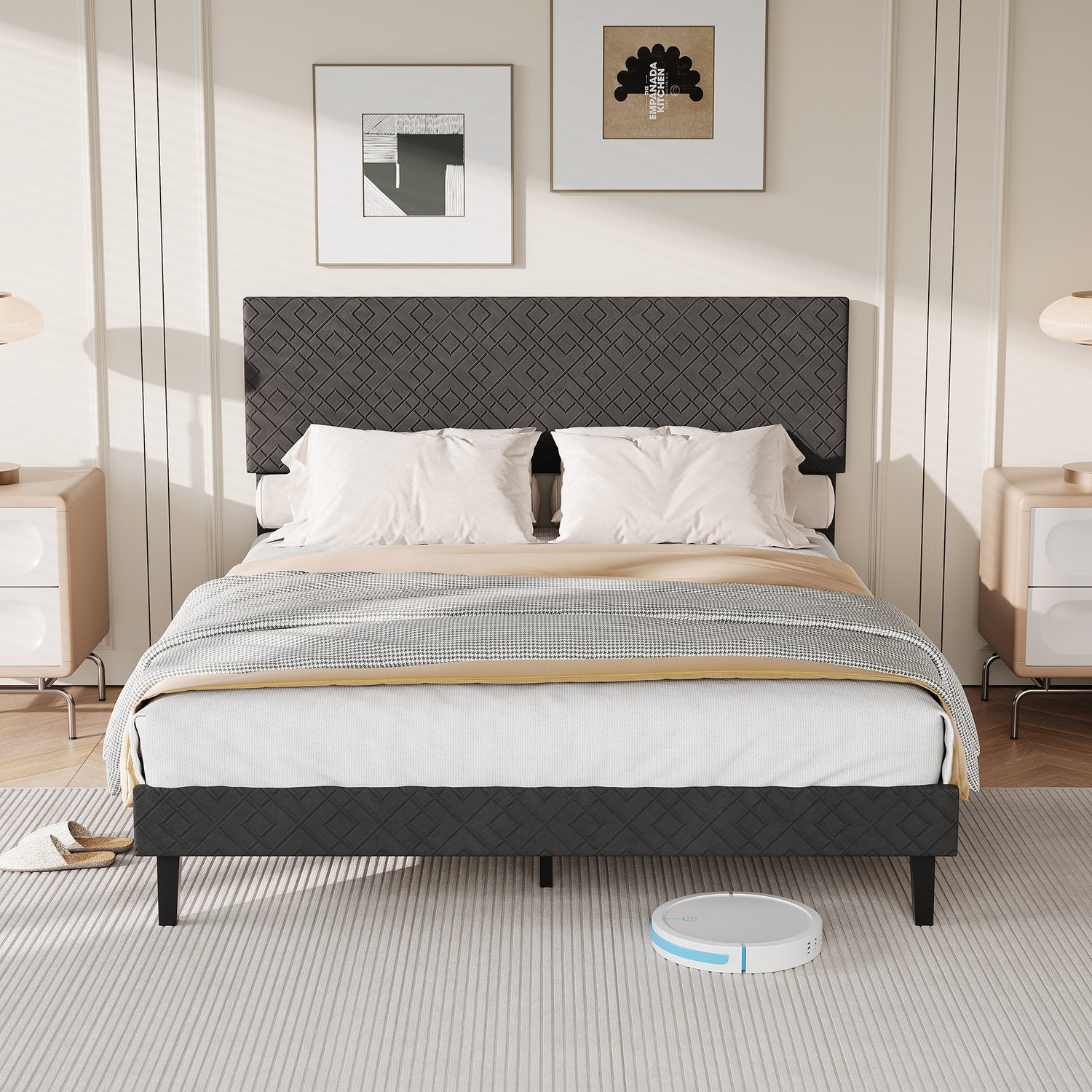 Yelenaro Gestoffeerd bed 140x200 cm, Tweepersoonsbed met Lattenbodem, Bedframe met Hoofdbord, Grijs Linnen, Zonder matras