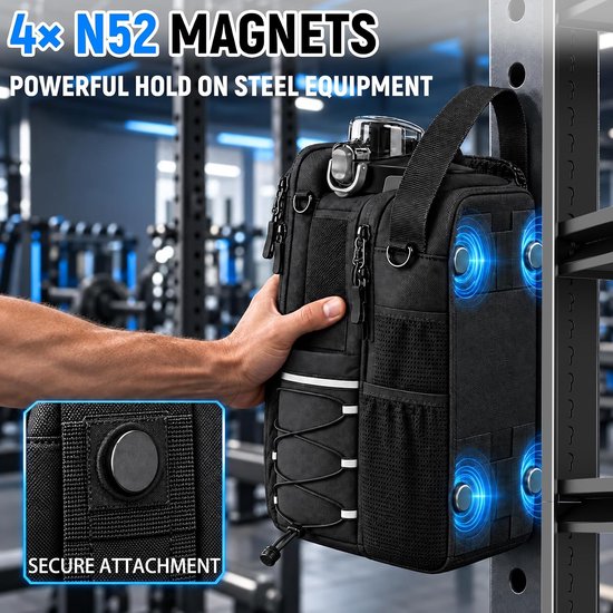Magnetische fitness waterfles tas - grote capaciteit waterdichte opbergtas - draagbare schuin te dragen tas voor telefoon en sleutels - reflecterende strepen - zwart — afbeelding 3