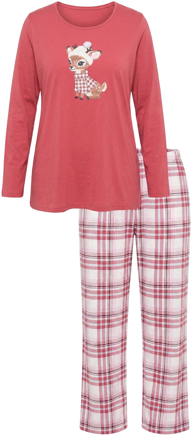 Ulla Popken Dames - Pyjama reekalfje ronde hals lange mouwen - Roodbruin - Maat 46+