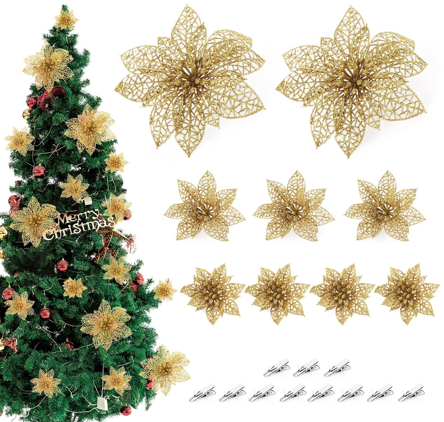 30 Stuks Gouden Glitter Poinsettia Kunstbloemen voor Decoratie