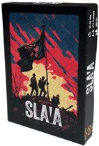 Speldoos van Slava met een illustratie van soldaten met een vlag tegen een rode en gele lucht.