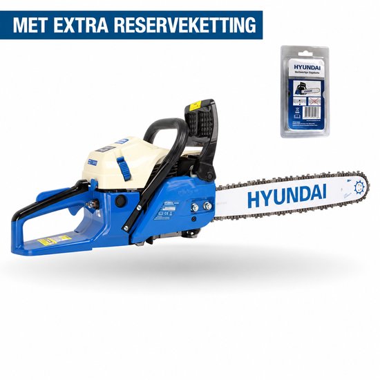 Hyundai benzinekettingzaag inclusief een extra reserveketting in verpakking.