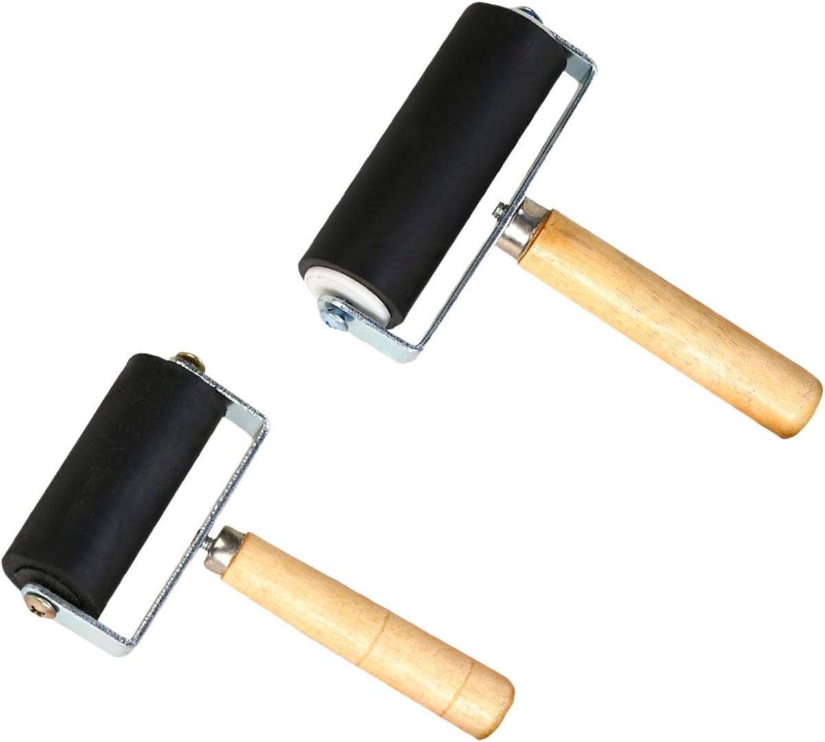 Set van 2 rubberrollen, linolrol, structuurroller met houten handvat, zwarte drukrol voor druktechnieken, stempelen, knutselen en artistieke projecten (10 cm/6 cm)