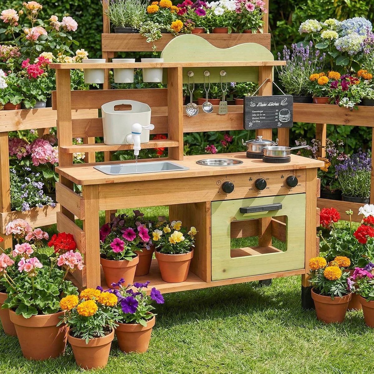 Speelkeuken, tuinspeelkeuken, modderkeuken, kinderen, outdoor, met wielen, waterkoker, gootsteen, houten plantenbak, kinderkeuken (groen)