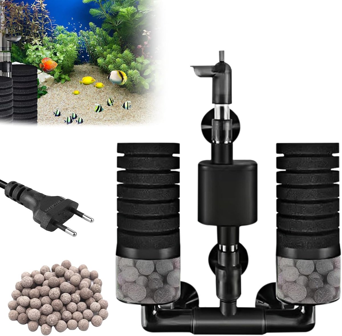 Sponsfilter, Interne aquariumfilter met waterpomp, Stille onderwater-schuim dubbele sponsfilter, Elektrische aquariumfilter, Instelbare luchtliftfilter voor aquarium, Dubbele filtratie