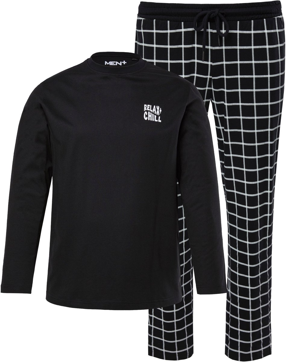 Men Plus - Heren - Pyjama tweedelig jersey lange mouw geruite broek - Zwart - Maat 4XL