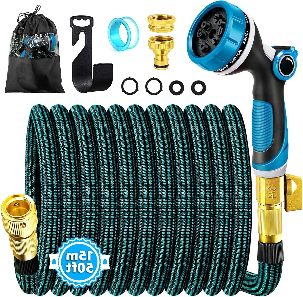 Tuinslang - Flexibele slang - Tuin water geven - Messing connectoren - 15 meter - Blauwzwart