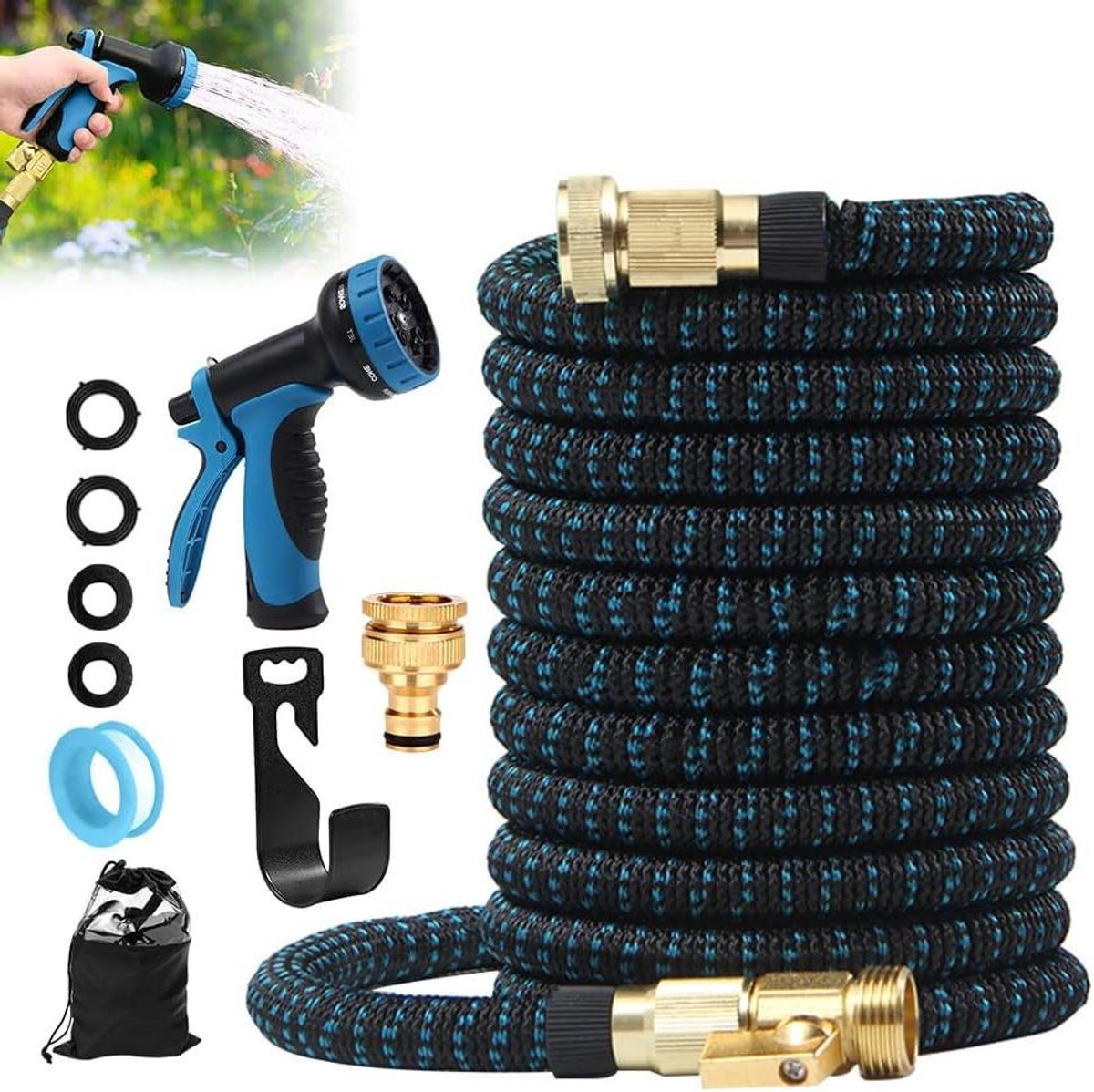 Flexibele tuinslang - Rekbare waterslang - Tuin water geven - Knikvrij en zelf oprollend - 15 meter - Blauw