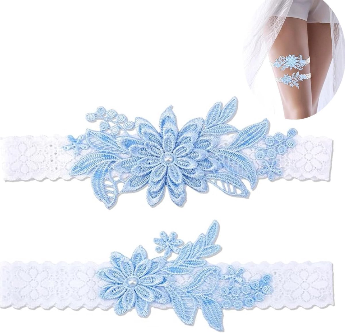 Set van 2 Elegante Bloemen Kant Garterhouders met Kunstmatige Parels voor Bruiloft, Vrijgezellenfeest en Feestjes, Blauw