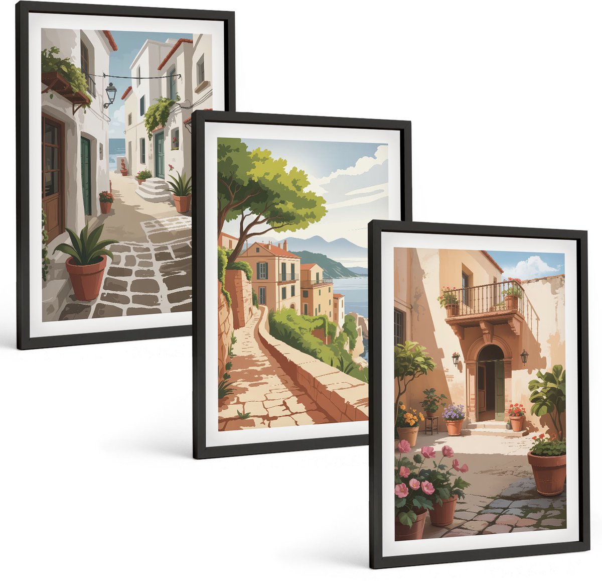 Coloray 3-Delige Schilderij Set - Schilderachtige Straatjes Met Huizen En Potplanten. - 40 x 60 cm - Muurdecoratie - Interieur Decoratie - Wanddecoratie