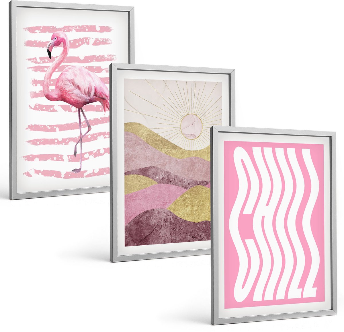 Coloray 3-Delige Schilderij Set - Roze Flamingo'S, Pastelkleurig Berglandschap, Relaxte Belettering - 40 x 60 cm - Muurdecoratie - Decoratieve Schilderijen - Wohnzimmer - Interieur Decoratie